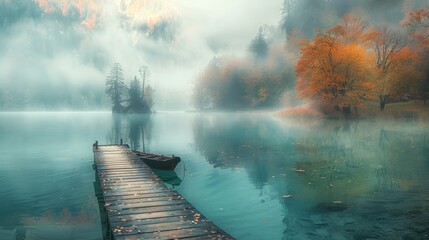 Mystical autumn lake scene with a wooden pier and rowboat amidst fog and vibrant foliage