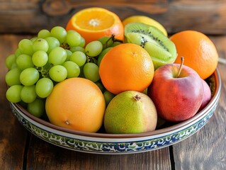 Naklejka na ściany i meble A bowl of fruit with apples, oranges, and kiwis. The bowl is on a wooden table