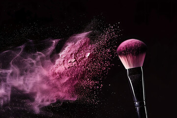 Makeup brush with pink powder explosion on black background.Makeup concept.