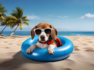 Cute beagle dog wearing sunglasses and a swimming ring. The concept of a summer holiday in sea.	