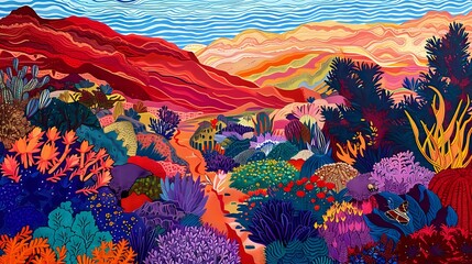 Vibrant Pop Art: Colored Pencil Abstract of Australian Outback Landscape
