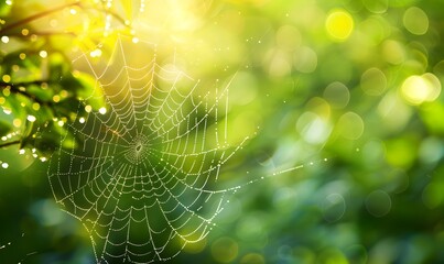 Dew on a spider web against a blurred green background, Generative AI