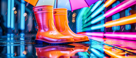 Vibrant Rainy Day: Colorful Rubber Boots and Umbrella Brightening Cloudy Skies