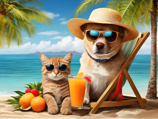 The cat  and dog in sunglasses and straw hat under the palm tree drink fresh juice on a beach chairs on the sea shore.