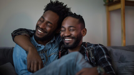 Obraz premium Happy Gay Couple At Home. African American Man Dating Stock Photo photography