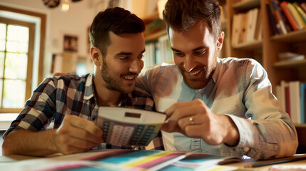 Fototapeta premium Happy Gay Couple Doing Taxes And Income Planning With Calculator Stock Photo photography