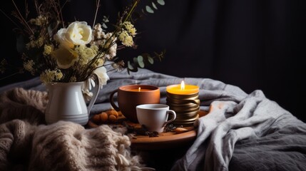 Still life with a cup of coffee, candles and flowers on a wooden table.