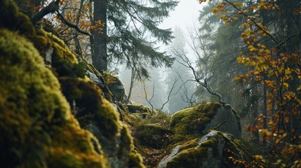 Foggy autumn forest with colorful trees and mossy rocks