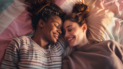 Happy couple cuddling on their bed at home. Romantic young LGBTQ+ couple embracing each other while lying down together in their bedroom. Smiling lesbian couple bonding fondly at home. Stock Photo pho
