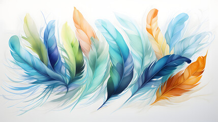 Watercolor feathers in the pastel color blue and green pattern abstract graphic poster background