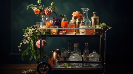 Vintage bar counter with various alcohol drinks and flowers on dark background.