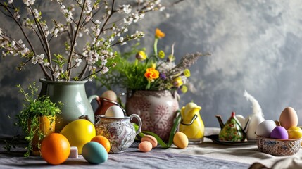 Easter still life with eggs and spring flowers on rustic background.