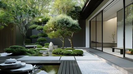 Elegant Japanese garden with serene pond, lush bonsai trees, and modern architectural backdrop