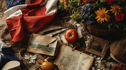 Vintage background with old map, flowers and fruits. Travel concept.
