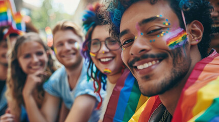 Happy diverse young friends celebrating gay pride festival - LGBTQ community concept Stock Photo photography