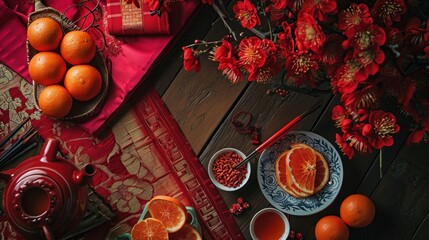 Cup of tea, teapot, red lanterns and oranges on wooden table.