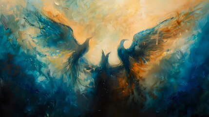 Spiritual Angels: Abstract Oil Painting with Blues, Warm Tones, Cinematic Lighting