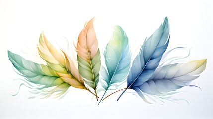 Watercolor feathers in the pastel color blue and green pattern abstract graphic poster background