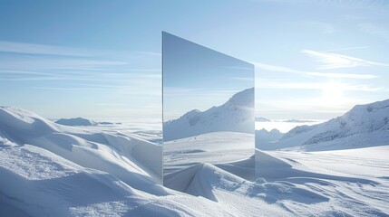 A large mirror is reflected in the snow