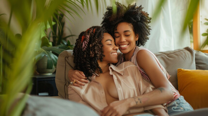 A young multiethnic female gay couple is being affectionate on their living room couch Stock Photo photography