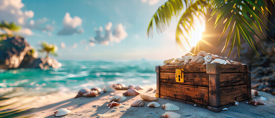 Vintage Beach Holiday: Retro Suitcases and Sandy Shoreline, Nostalgic and Charming