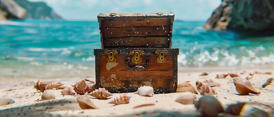 Vintage Suitcase on a Sandy Beach, Nostalgic Travel Theme with Ocean Background, Concept of Adventure and Escape
