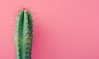 Naklejka premium Green Cactus stands out against a pink backdrop, Generative AI