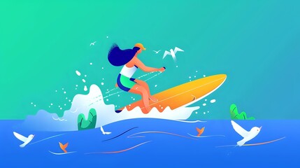 Exhilarated Woman Riding a Surfboard with Ombre Blue Ocean Background