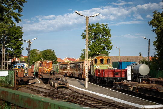 Gryfice, Poland - September 19, 2023: Old rusted locomotives and trains at 
The Seaside Narrow-Gauge Railway Exhibition. 