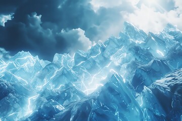 Illustrate the convergence of nature and technology with a low-angle view of a glacier crackling with voltage Render the scene in a photorealistic style to showcase the intensity o