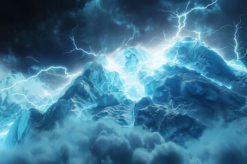 Illustrate the convergence of nature and technology with a low-angle view of a glacier crackling with voltage Render the scene in a photorealistic style to showcase the intensity o