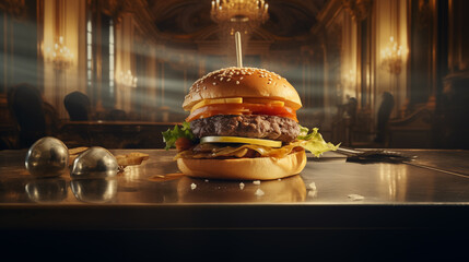 Fresh hamburger on the table in the restaurant
interior