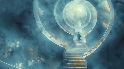 Illustration of a man walking up a futuristic stairway. 