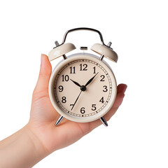 Hand Holding Alarm Clock isolated on transparent background