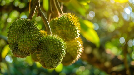This is a picture of a durian fruit hanging from a tree. The durian is a large, tropical fruit 