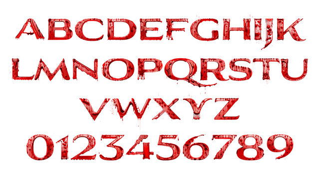 Scary Horror  Halloween 3D Blood Alphabet and Numeric Letters Font, isolated in transparent background