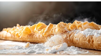 A close-up image of a fresh baguette on a wooden table - Powered by Adobe