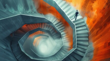 Abstract illustration of man walking in a long stairway.