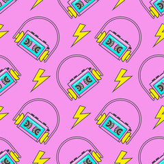 Seamless pattern with 90s elements. Cassette player with headphones from the 90s in a modern flat style. 