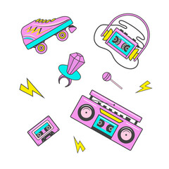 Set of 90s retro devices vector illustration. Vintage audio player, cassette, boombox, retro skates, candy icons. 