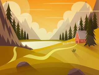 Beautiful summer landscape. Cartoon flat terrain in the forest with trees, mountains, lake. House far from civilization.