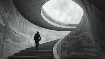 Man walking up the stairs with clean simple architecture.