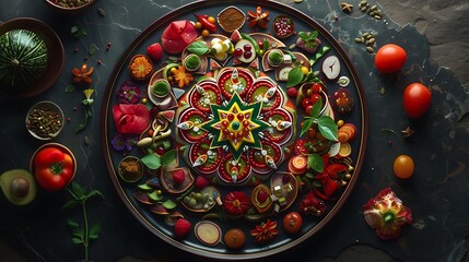 A culinary mandala, artistically arranged food items forming a symmetrical, edible piece of art on a plate