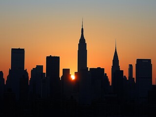 The sun is setting over the city of New York. The skyline is silhouetted against the orange sky, creating a beautiful and serene atmosphere