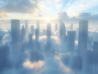 A city skyline is shown with a cloudy sky and the sun shining through the clouds. The city is filled with tall buildings and the sky is hazy