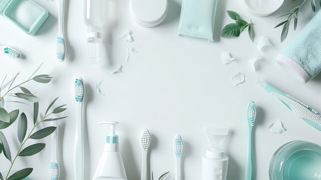 Top view flat lay toothbrushes and oral hygiene products composition, white background. Generate AI