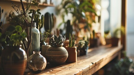 Cactuses and succulents in pots on wooden shelf