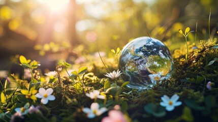 Globe in the grass with white flowers and green grass background