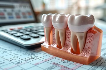 A visually engaging 3D rendering of a dental implant model placed over financial charts and calculators, highlighting the business side of dentistry