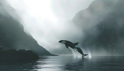 Dramatic Whale Jumping in Misty Fjord
